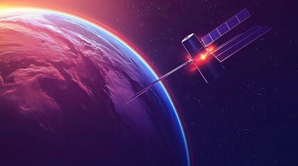 Wall Mural - satellite orbiting earth in space during sunrise