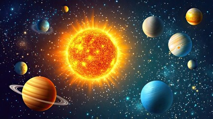 Wall Mural - a radiant sun and planets orbiting in space
