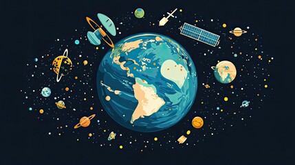 Wall Mural - earth surrounded by planets satellites and stars in space