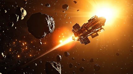 Wall Mural - spacecraft navigating asteroid field near star