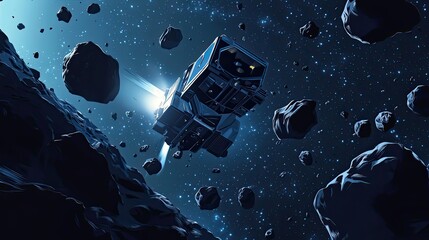 Wall Mural - spaceship navigating asteroid field in deep space