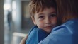 © cynz - A little boy hugging a nurse as they say goodbye after completing a treatment session, with tears of relief in his eyes. 4k resolution, Cinematic Scene
