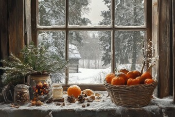 Canvas Print - Winter Window Still Life With Oranges And Pine