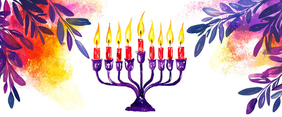 Poster - Colorful menorah with flames during celebration