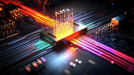 Fototapete - Vibrant and Futuristic Close-Up of a Quantum Processor Circuit Board