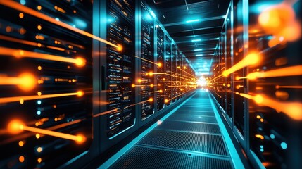Aufkleber - Dynamic Data Center Interior with Light Trails and Storage Racks