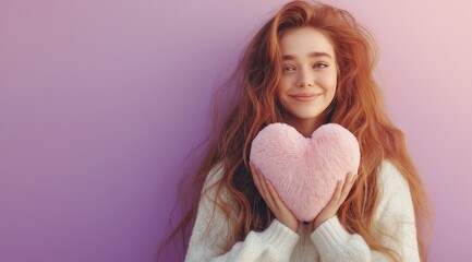 cute and beautiful girl holds a huge plush heart in her hands and smiles. concept of celebrating Valentine's Day