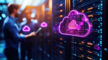 Fototapete - Modern Server Room with Cloud Computing Concept and Technology Elements