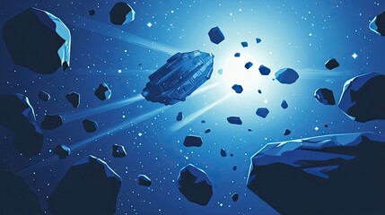 Wall Mural - spaceship navigating asteroid field in deep space