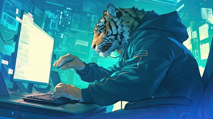 Tiger Anthropomorphic Programmer Codes In Digital Space