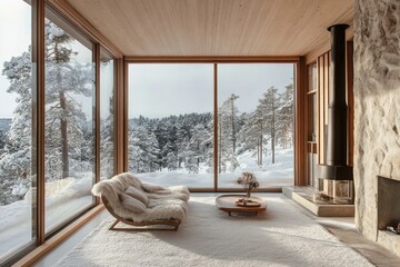 Sticker - Cozy Winter Cabin Living Room With Stunning Snowy View