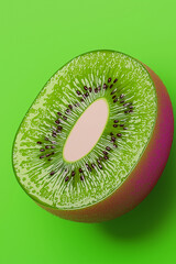 Wall Mural - Minimalist Kiwi Slices with Bright Green Flesh on Green Background, Pink Elements, Banner with Text Space