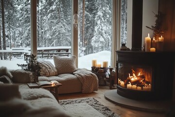 Canvas Print - Cozy Winter Cabin Interior With Fireplace And Snow View