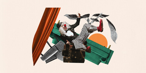 Clown with red nose tumbles backward in surreal composition featuring vintage suitcases, abstract leaves, and theatrical curtains. Contemporary art collage. Retro circus, performance, fantasy concept