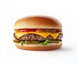 © Mark - High-quality close-up of a classic cheeseburger with a juicy beef patty, melted cheese, pickles, red onion, ketchup, and a soft bun on a white background.