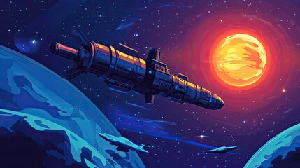 Wall Mural - spaceship journey through cosmic nebula near red star