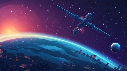 Wall Mural - spaceship orbiting futuristic cityscape above earth