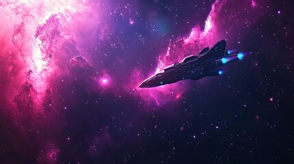 Wall Mural - spaceship soaring through pink cosmic nebula