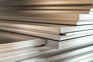 Wall Mural - polished aluminum sheets neatly stacked, showcasing sleek metallic finish reflecting light elegantly