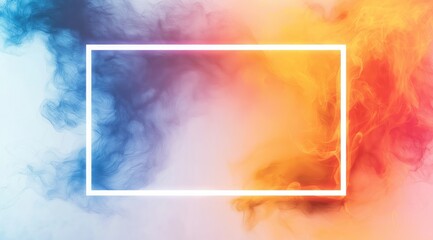 Wall Mural - A rectangular neon wide frame on a white background, surrounded by colorful smoke. Background with place for text