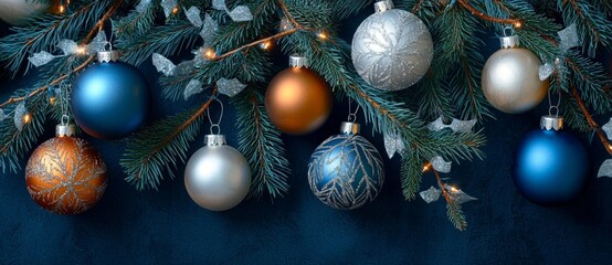 Canvas Print - Elegant christmas ornaments in blue, silver, copper, and gold hanging from fir tree branches adorned with sparkling lights create a festive holiday scene against a dark blue backdrop