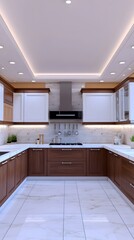 Wall Mural - Modern kitchen with wooden cabinets and sleek appliances, designed for cooking and dining.