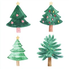 Wall Mural - Four christmas trees are decorated with golden stars, pink and colorful baubles, adding a festive touch to christmas celebrations, painted in watercolor style