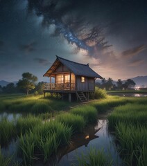 Wall Mural - Enchanting watercolor illustration of wooden hut in rice field under starry night sky, traditional farming, nature