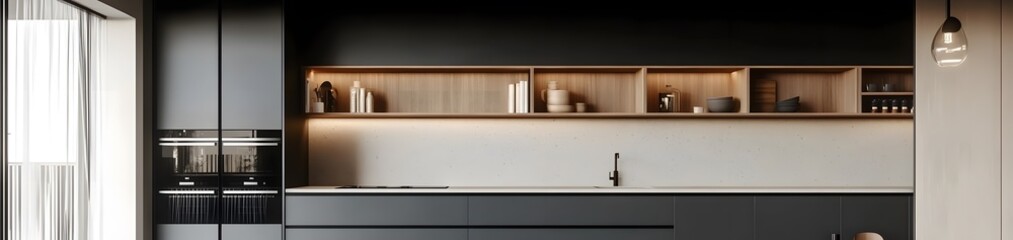 Wall Mural - Modern kitchen design featuring sleek cabinetry and minimalist decor.