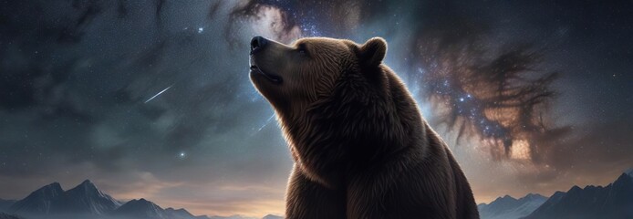 majestic illustration of a bear in awe of the celestial wonders, galaxy, bear, night sky, celestial 