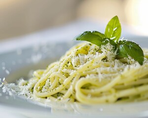 Wall Mural - A delicious plate of spaghetti topped with grated cheese and fresh basil leaves, showcasing a simple yet elegant Italian dish.