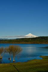 Sticker - villarrica vulcano with lake blue sky sunset chile