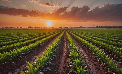 Poster - Field of corn with a sunset in the background. The sun is setting behind the corn. The sky is cloudy and the sun is orange