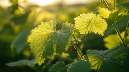 Wall Mural - Sunlit Fresh Green Leaves at Sunset in Serene Nature