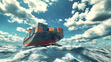 Wall Mural - A colossal container ship navigating through tumultuous oceans under a bright blue sky filled with vibrant clouds