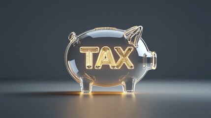 Wall Mural - Concept of tax icon, financial and money savings. Transparent piggy bank with illuminated tax sign inside.