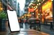 © NATTAKORN - Dynamic Urban Street with Mobile Phone Mockup on Wooden Table