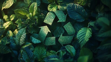 Wall Mural - Green Recycle Symbol Among Lush Green Leaves