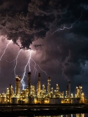 Wall Mural - Dramatic lightning storm over an oil refinery.