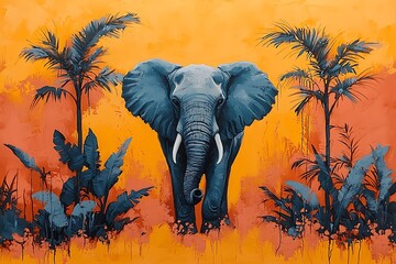 Abstract Painting of an Elephant in a Tropical Setting.