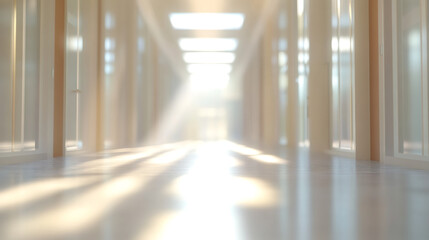 Aufkleber - Illuminated corridor in modern building with sunbeams streaming through glass doors and windows