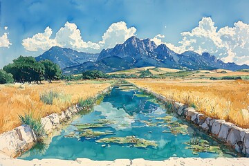 Wall Mural - Serene Canal Winding Through Golden Fields Towards Majestic Mountains Under a Summer Sky.