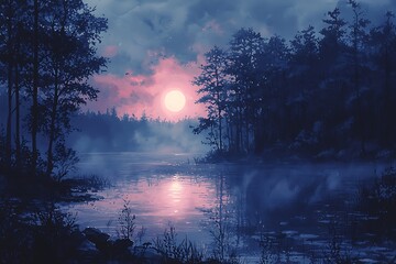 Wall Mural - Serene Sunset over a Misty Lake, Digital Painting of Tranquil Nature Scene.