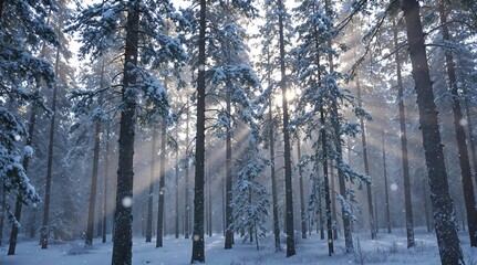 Fototapete - Winter forest scene with sunlight streaming through tall trees