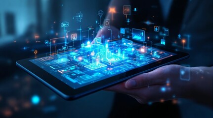 Interactive futuristic hologram interface on a digital tablet