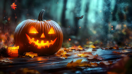 Wall Mural - A Glowing Jack-o'-lantern Sits on a Wooden Surface Surrounded by Fallen Autumn Leaves in a Forest Setting with Fog and a Bat Flying Above