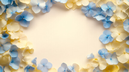 Poster - Serene and inviting space for text or design created by delicate blue and yellow hydrangea blossoms on a soft beige backdrop