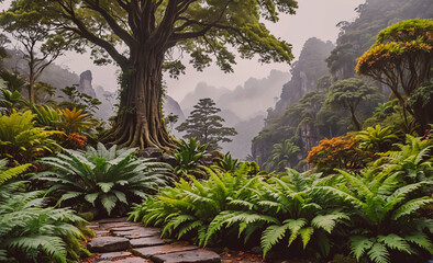 Fototapete - Large tree is in the middle of a lush green forest. The forest is full of trees and plants, and there is a path leading through it