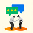 © master1305 - Two businessmen shaking hands under speech bubbles, symbolizing communication and teamwork professional setting. Contemporary art collage. Concept of business, negotiation, cooperation