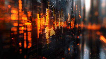 Poster - Orange glowing financial charts and big data analysis displayed on a computer screen, representing market trends and investment opportunities